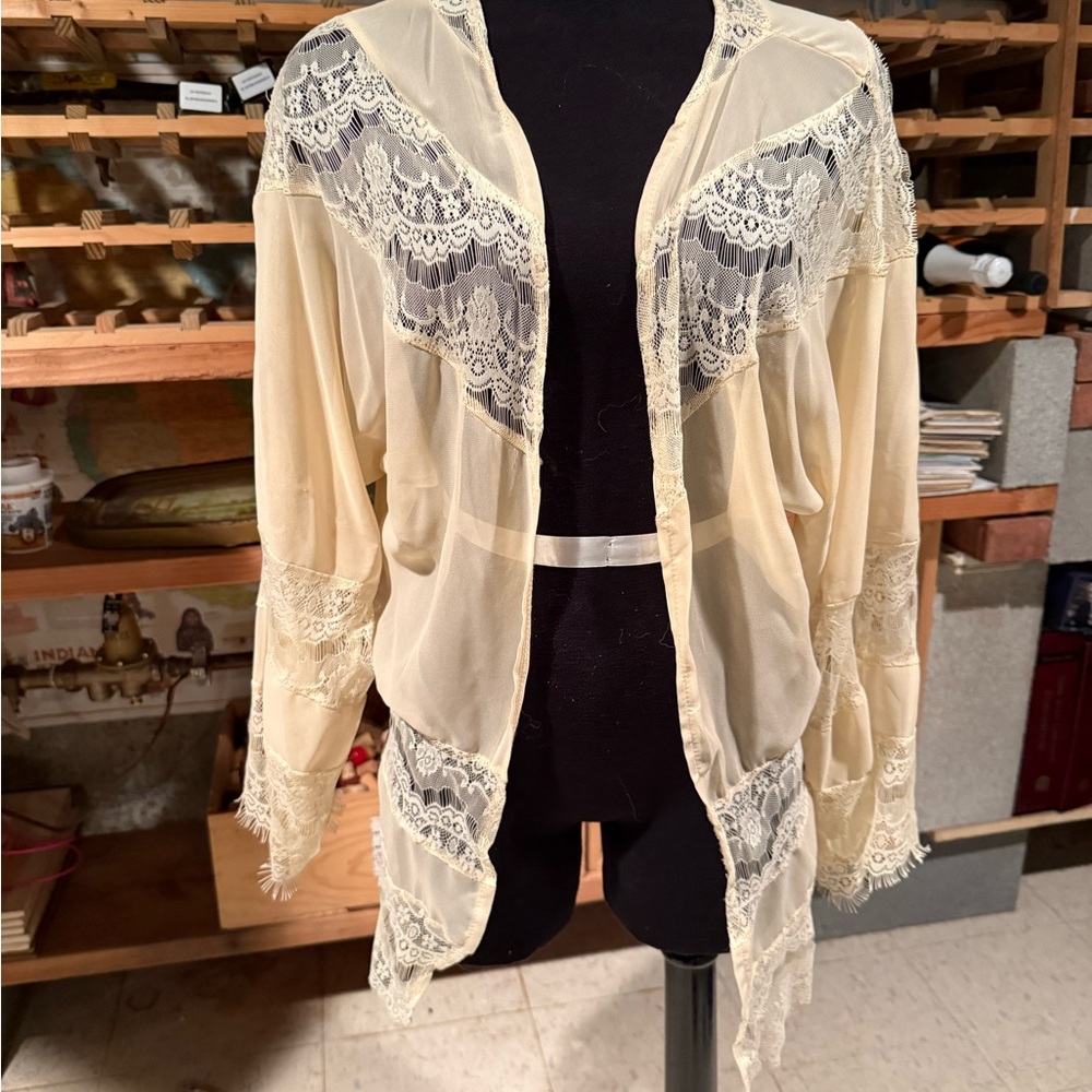 Zanzea Collection Cream Sheer Lace Kimono Cardigan Boho Open Front Wrap Small
